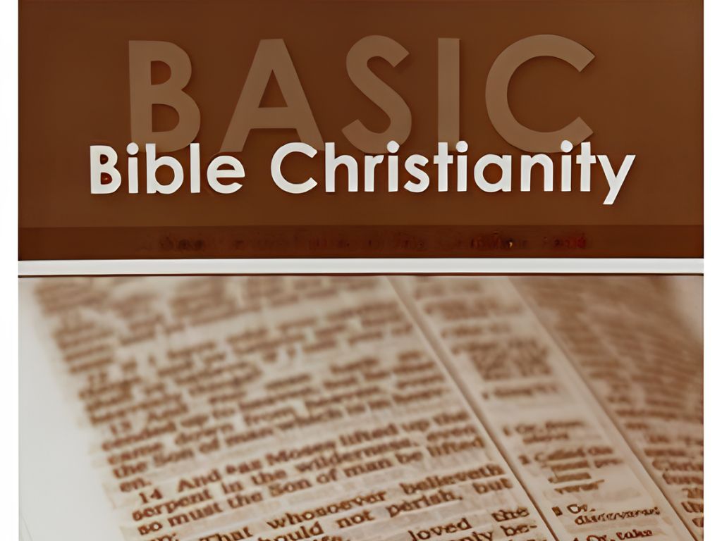 Title slide with "BASIC Bible Christianity" in white text over a brown-toned header, above a close-up photo of an open Bible.
