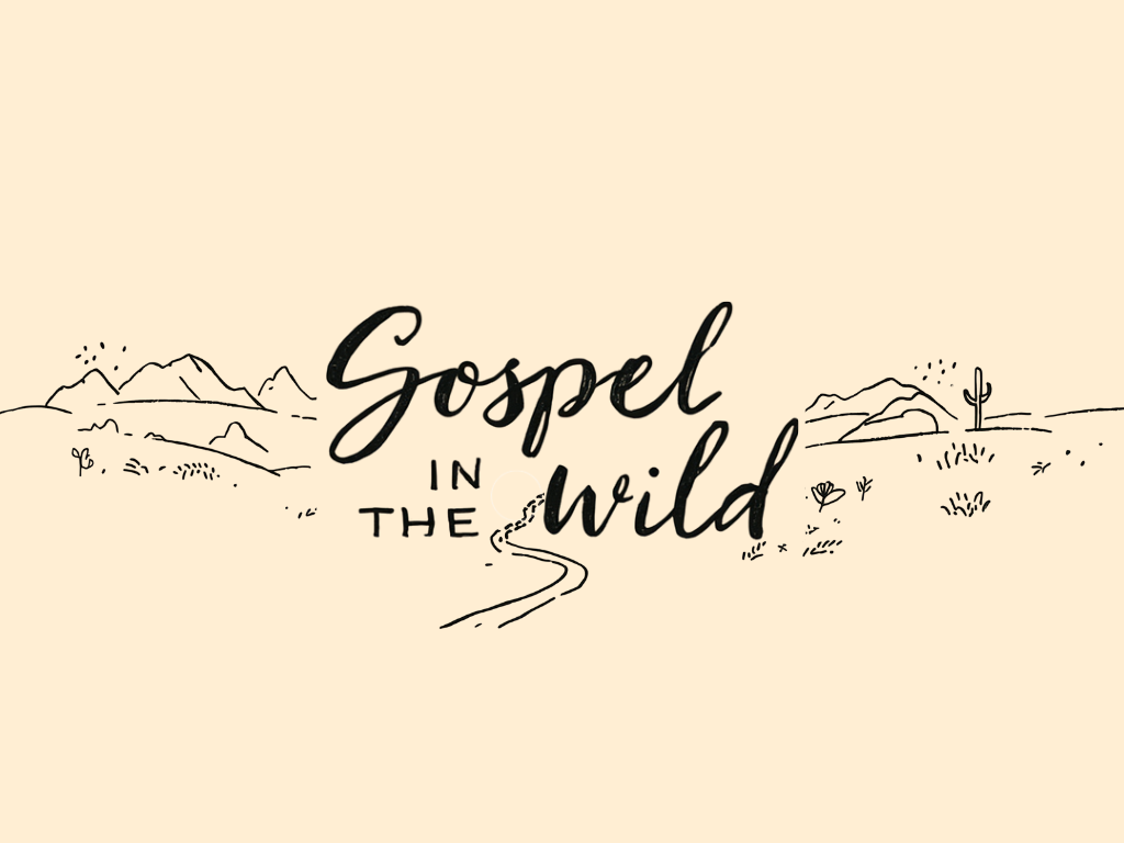 Illustrated title slide with hand-lettered "Gospel in the Wild" over a line-drawn desert landscape with mountains and cacti on a cream background.